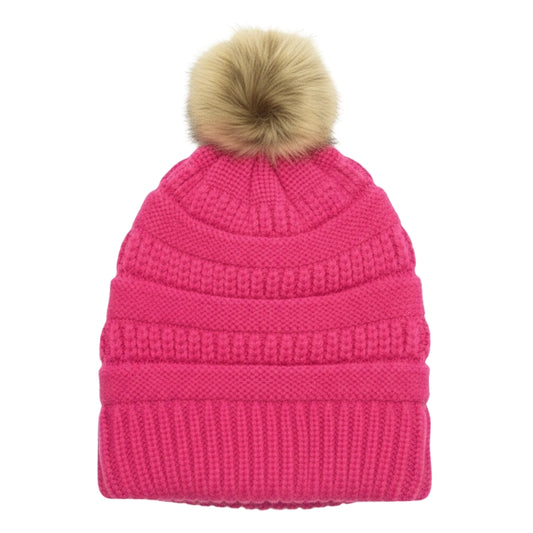 Adult Satin-Lined Pom Knit Hat - Hot Pink