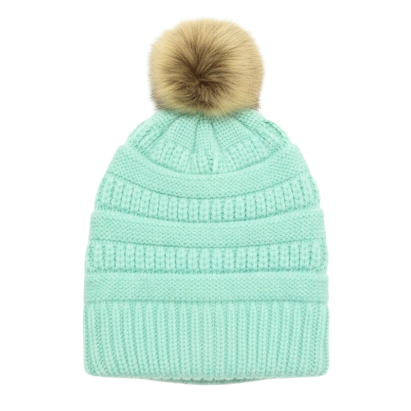 Adult Satin-Lined Pom Knit Hat - Mint