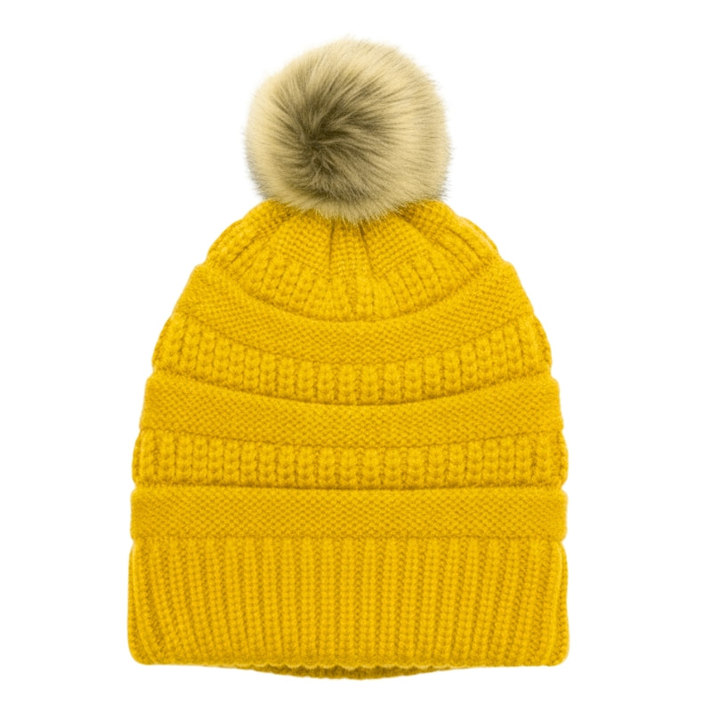 Adult Satin-Lined Pom Knit Hat - Mustard