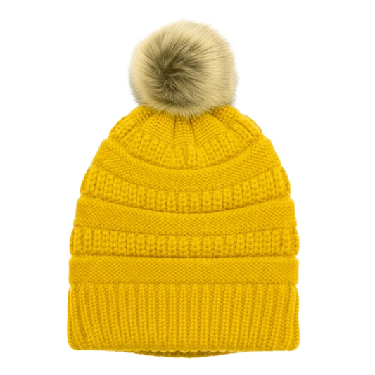 Adult Satin-Lined Pom Knit Hat - Mustard