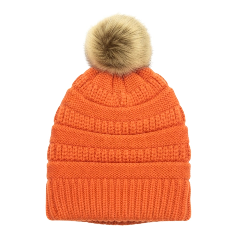 Adult Satin-Lined Pom Knit Hat - Orange