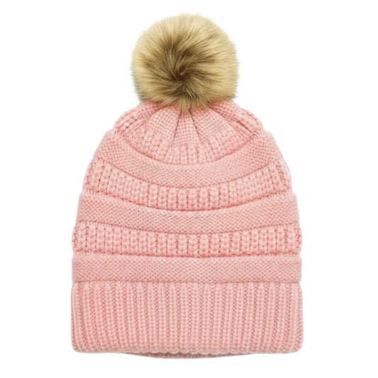 Adult Satin-Lined Pom Knit Hat - Pastel Pink