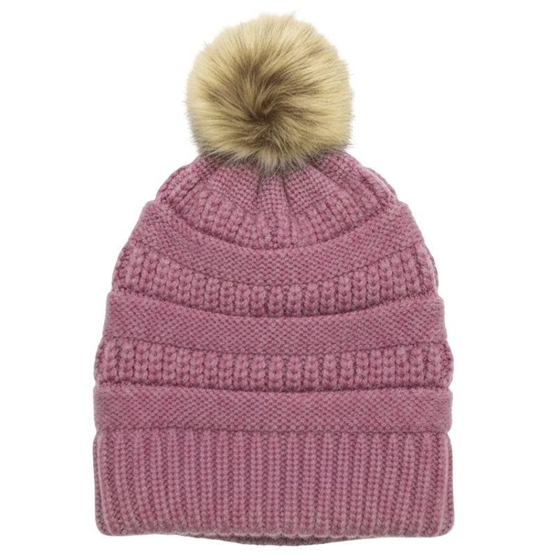 Adult Satin-Lined Pom Knit Hat - Purple