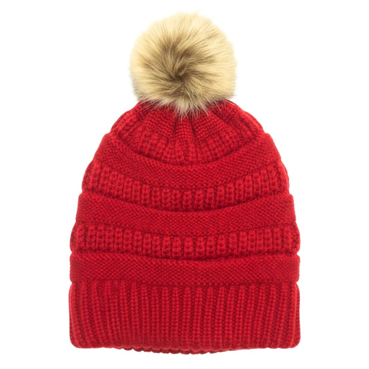Adult Satin-Lined Pom Knit Hat - Red