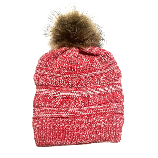 Adult Satin-Lined Pom Knit Hat - Red & White