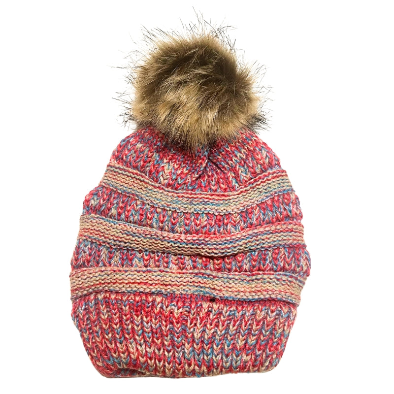 Adult Satin-Lined Pom Knit Hat - Red, White & Blue