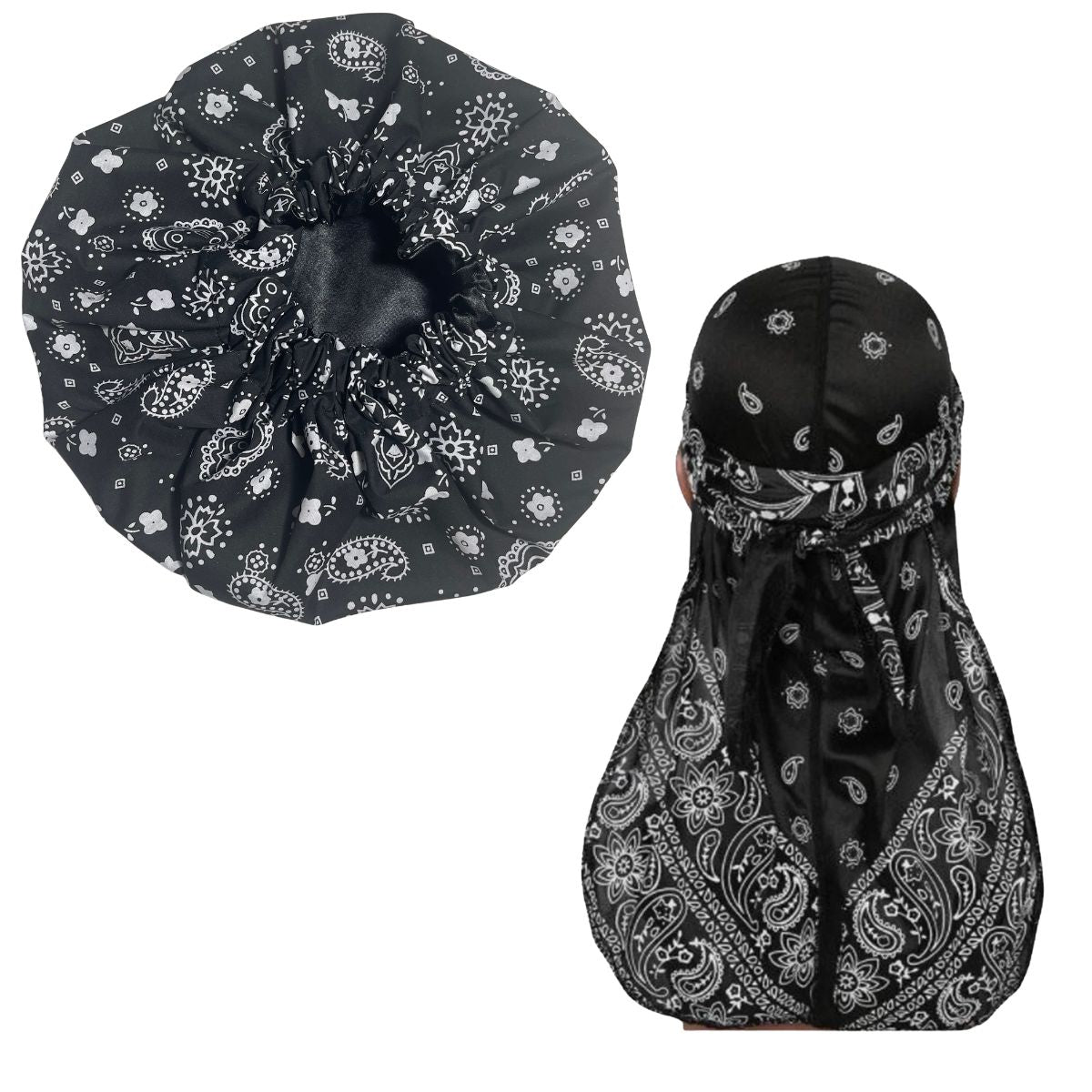 Bonnet and Durag Set - Black Bandana