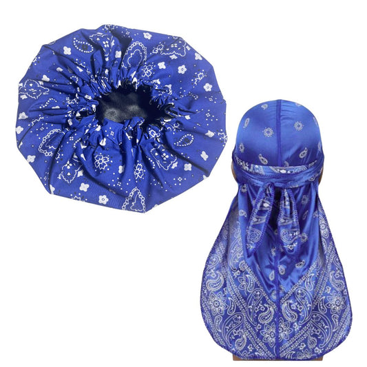 Bonnet and Durag Set - Blue Bandana