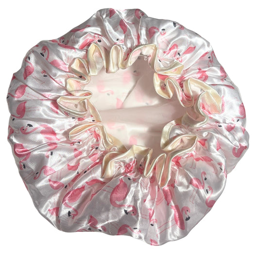 Child Satin Lined Shower Cap - Pink Flamingo