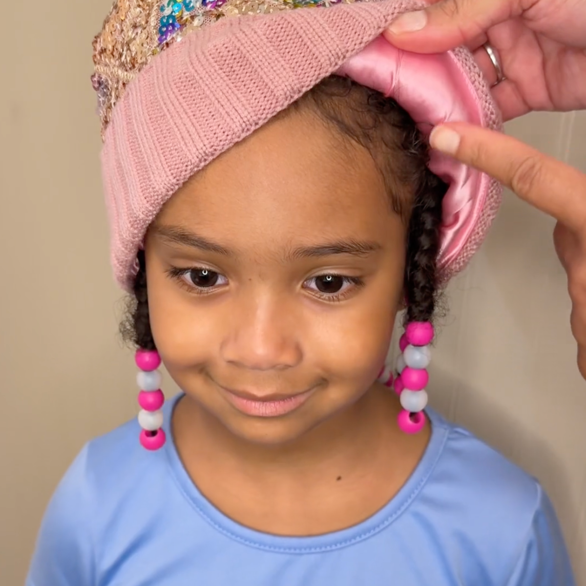 Diamond Sequined Satin-Lined Pom Hat - Pink