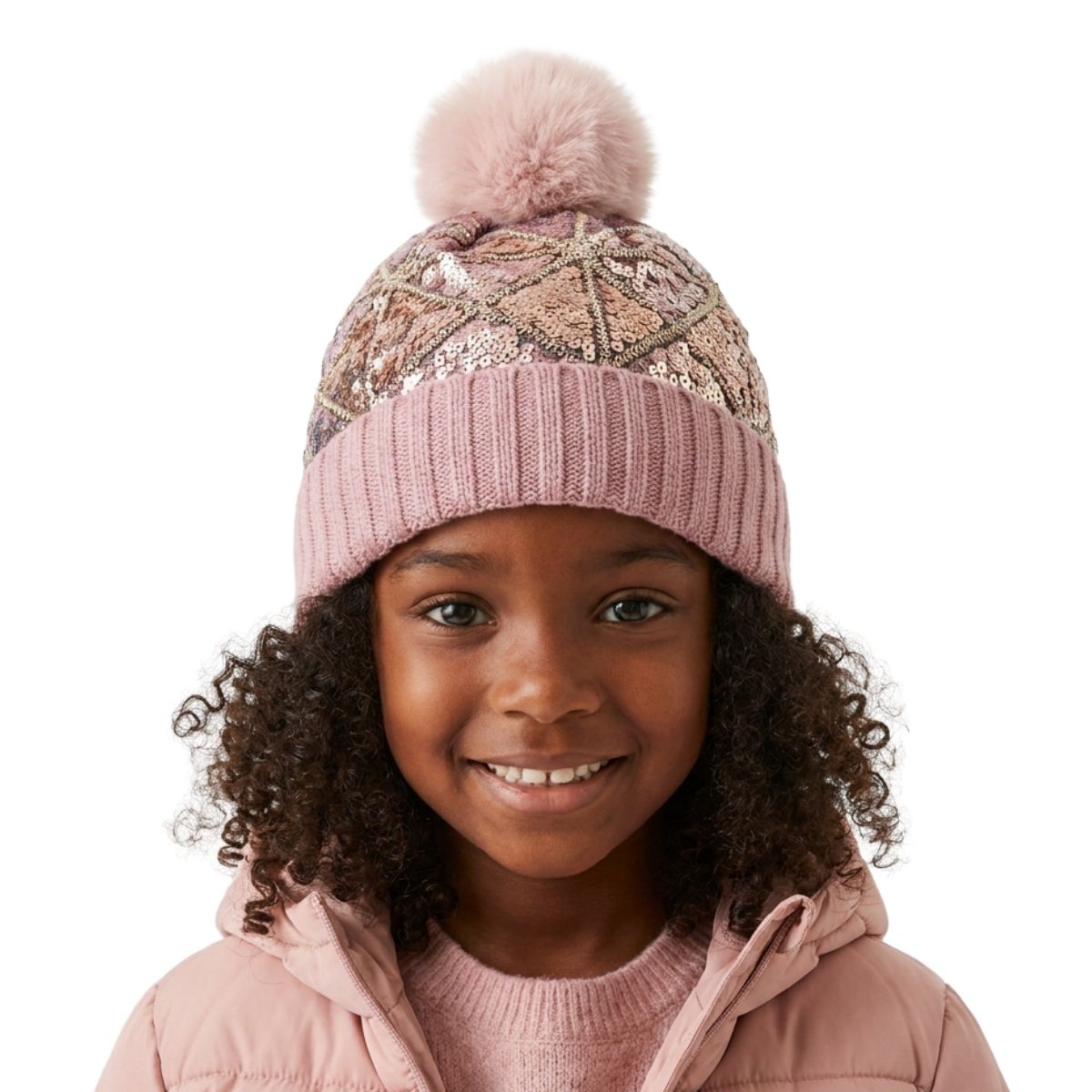Diamond Sequined Satin-Lined Pom Hat - Pink