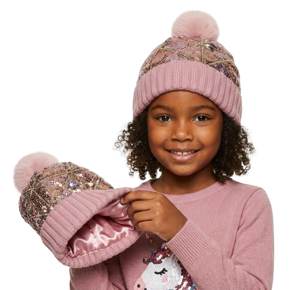 Diamond Sequined Satin-Lined Pom Hat - Pink