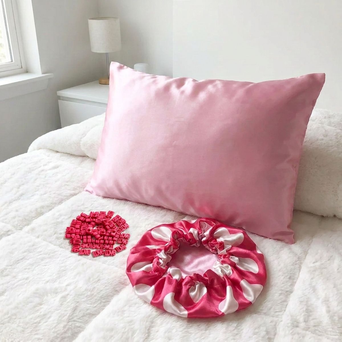 A pink satin pillowcase on a white bed, with a matching pink satin sleep scarf and a small pile of pink love hair beads in front of it.