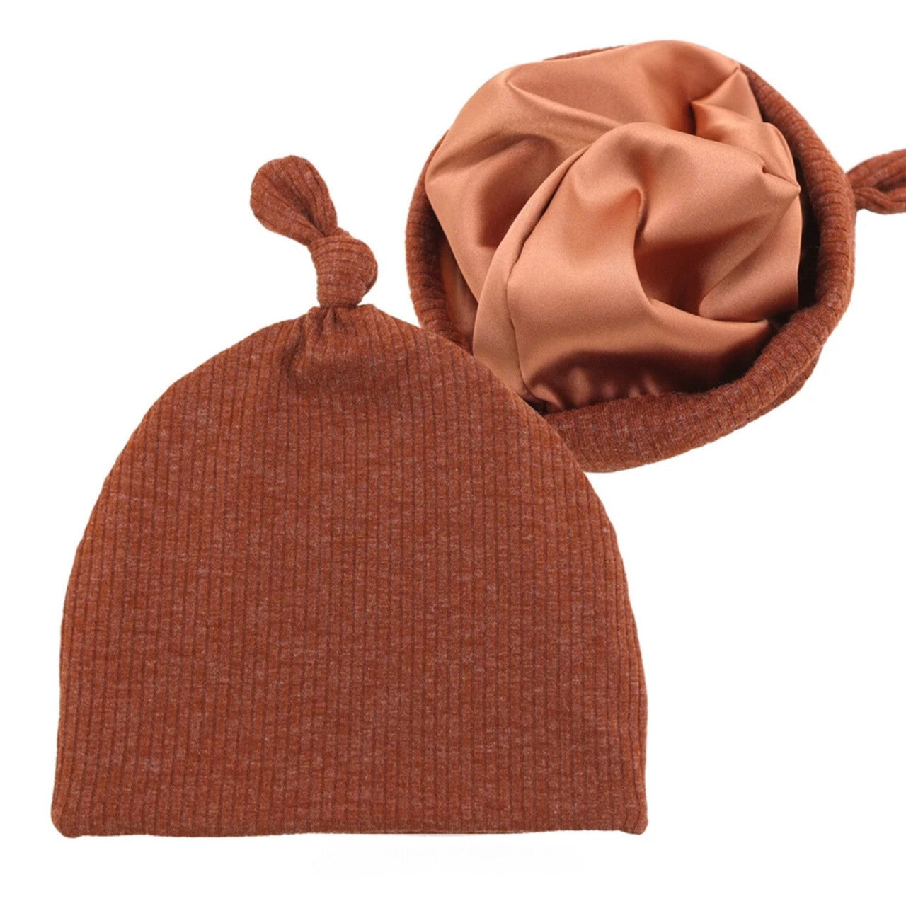 Infant Tie Ribbed Satin-Lined Hat - Burnt Orange