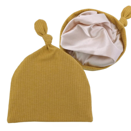 Infant Tie Ribbed Satin-Lined Hat - Mustard