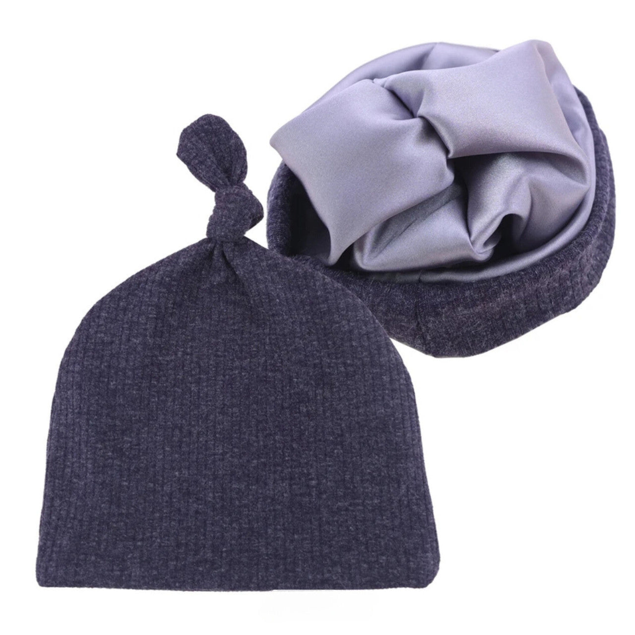 Infant Tie Ribbed Satin-Lined Hat - Dark Purple