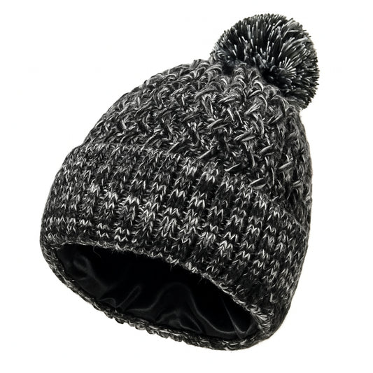Kid's Puff Stitch Pom Satin-Lined Hat - Black