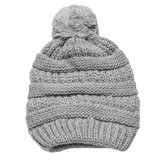 Kid's Satin-Lined Pom Knit Hat - Grey