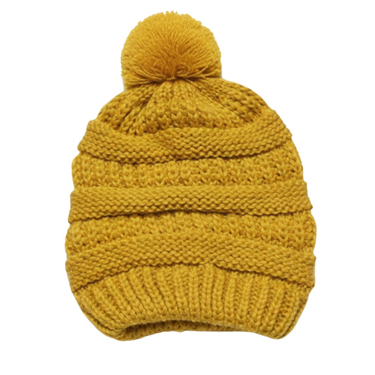 Kid's Satin-Lined Pom Knit Hat - Mustard