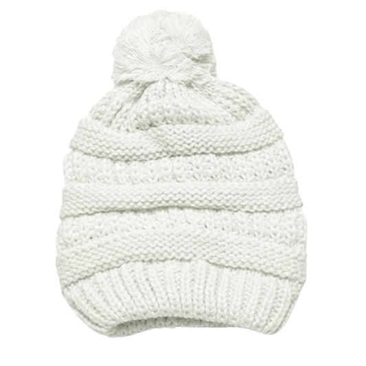 Kid's Satin-Lined Pom Knit Hat - White