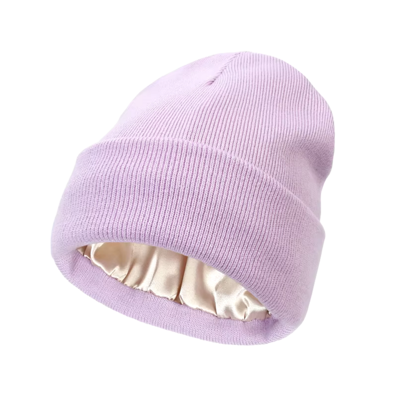 Adult Satin-Lined Knit Cuffed Beanie Hat - Pastel Purple