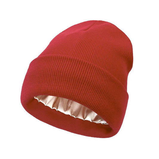 Adult Satin-Lined Knit Cuffed Beanie Hat - Red