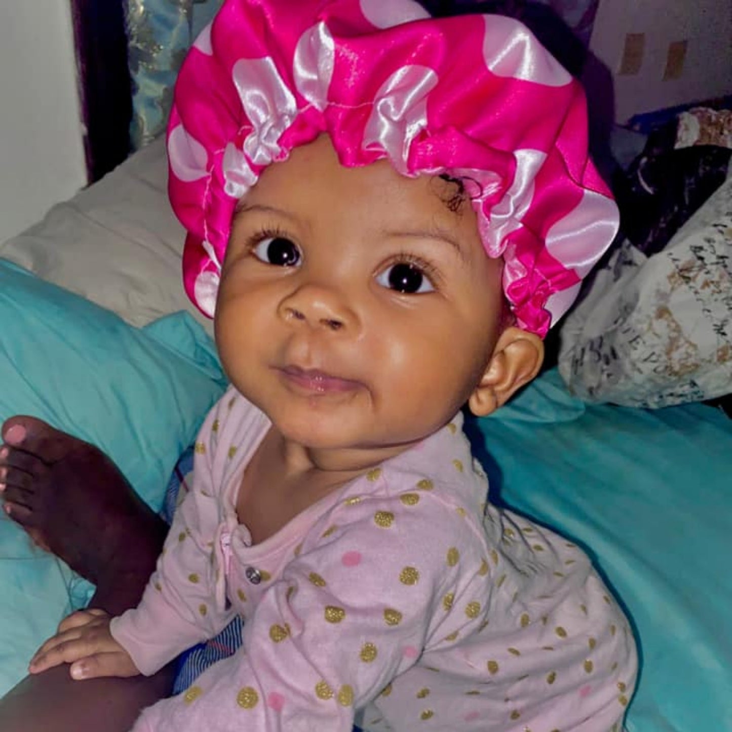 Polka Dots Reversible Satin Bonnet - Fuchsia and White