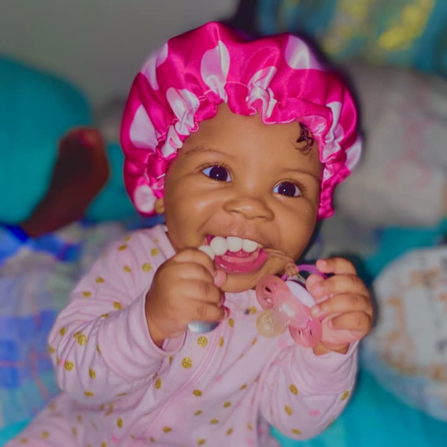 Polka Dots Reversible Satin Bonnet - Fuchsia and White