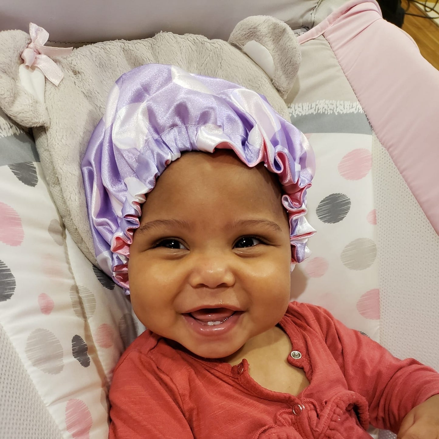 Polka Dots Reversible Satin Bonnet - Purple and White