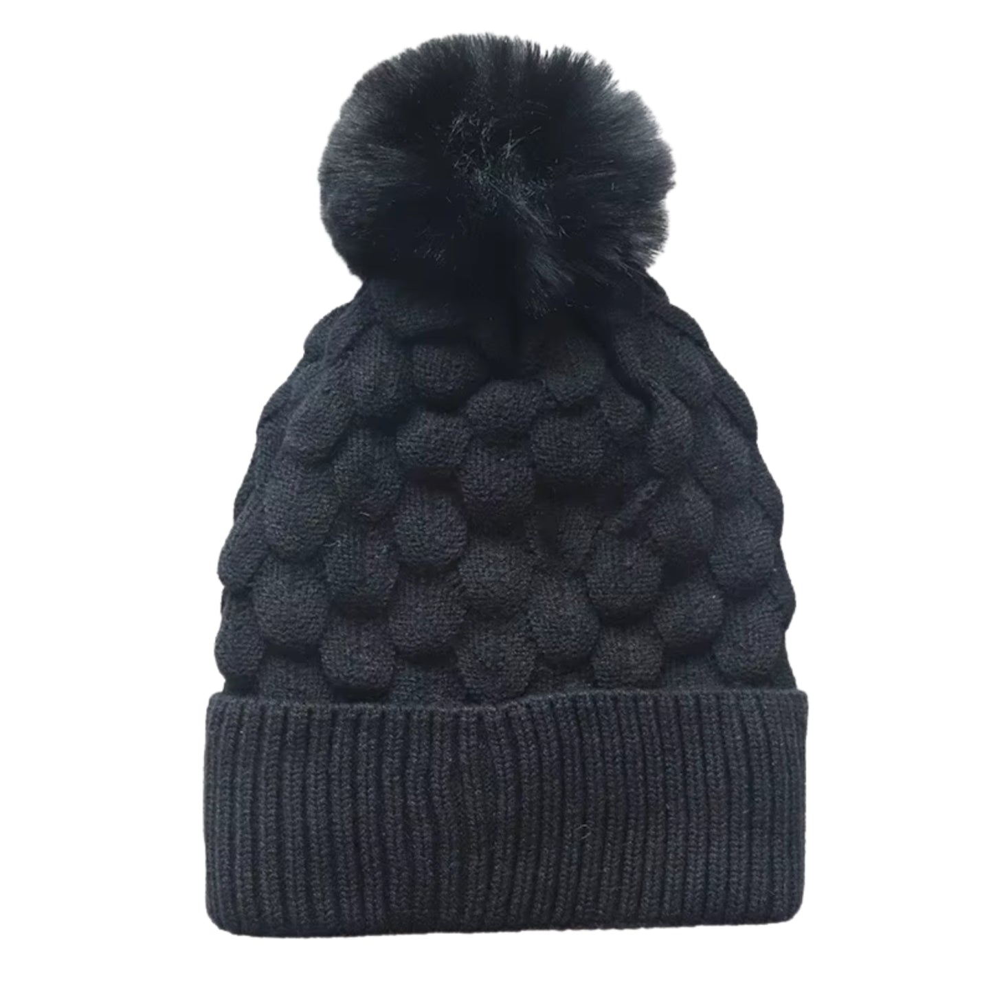 Kids Scalloped Satin-Lined Pom Beanie - Black