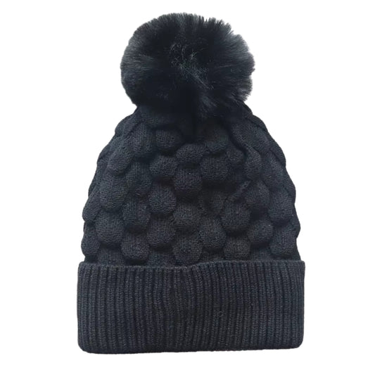Kids Scalloped Satin-Lined Pom Beanie - Black