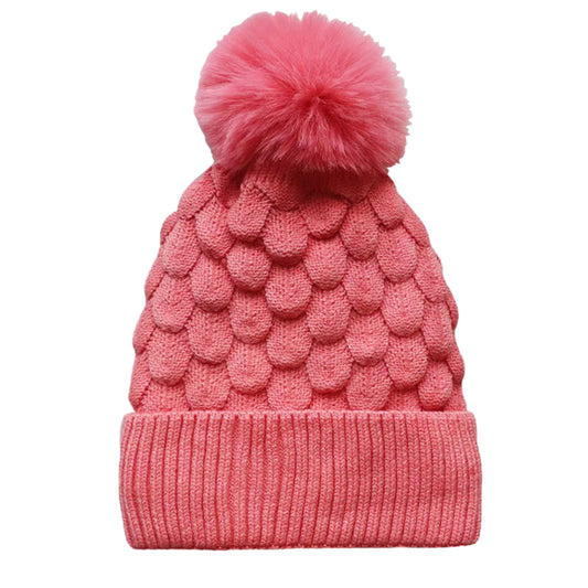 Kids Scalloped Satin-Lined Pom Beanie - Blush Pink