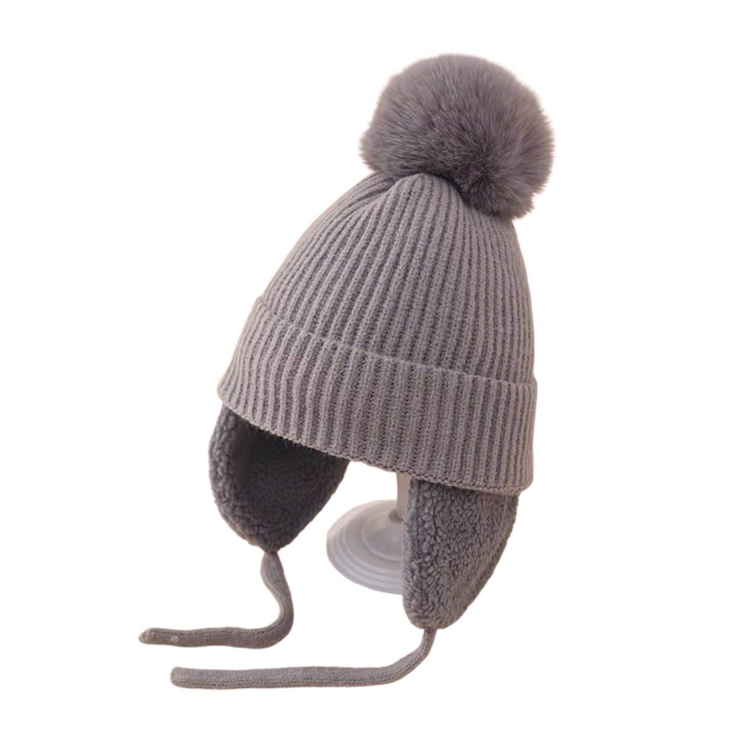 Toddler Fuzzy Flap Satin-Lined Pom Beanie - Grey