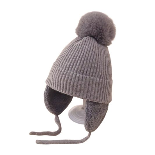 Toddler Fuzzy Flap Satin-Lined Pom Beanie - Grey