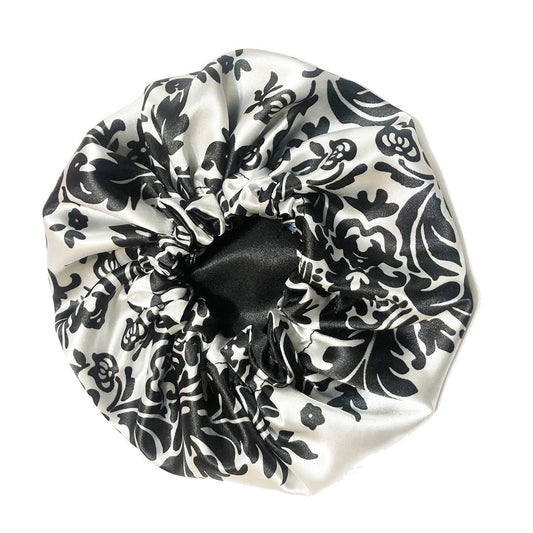 Damask Print Reversible Satin Bonnet - White