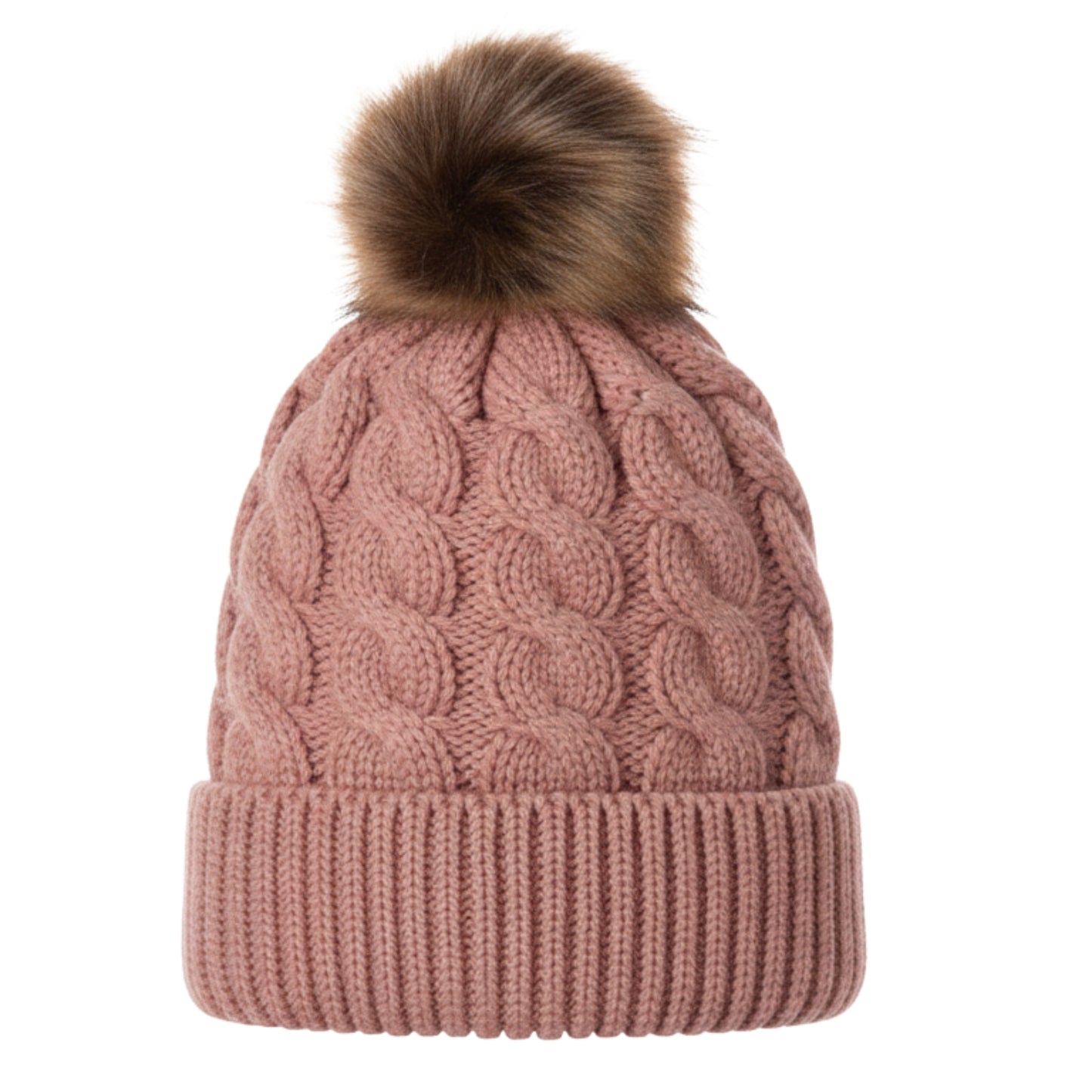 Adult Satin-Lined Cable Knit Fur Pom Hat - Blush Pink
