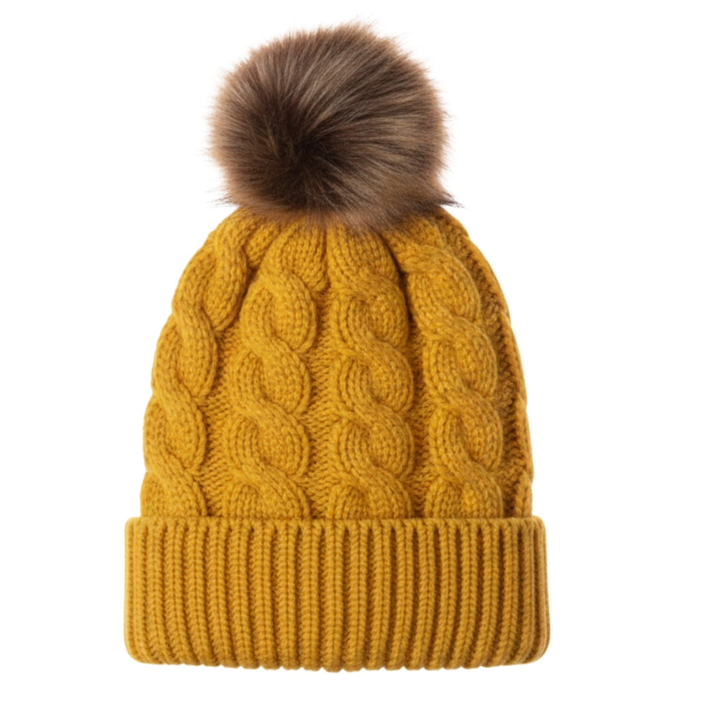 Adult Satin-Lined Cable Knit Fur Pom Hat - Mustard