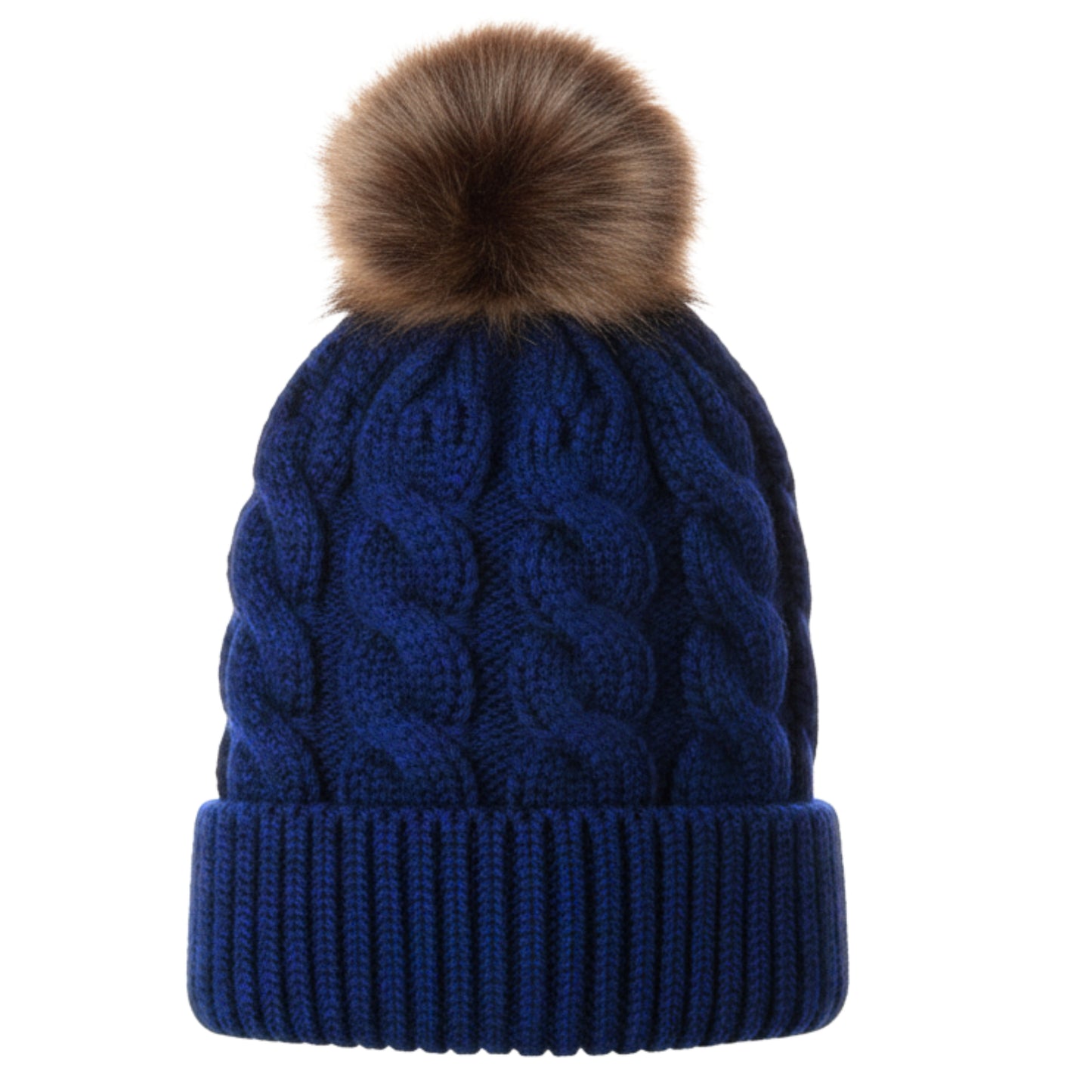 Adult Satin-Lined Cable Knit Fur Pom Hat - Navy