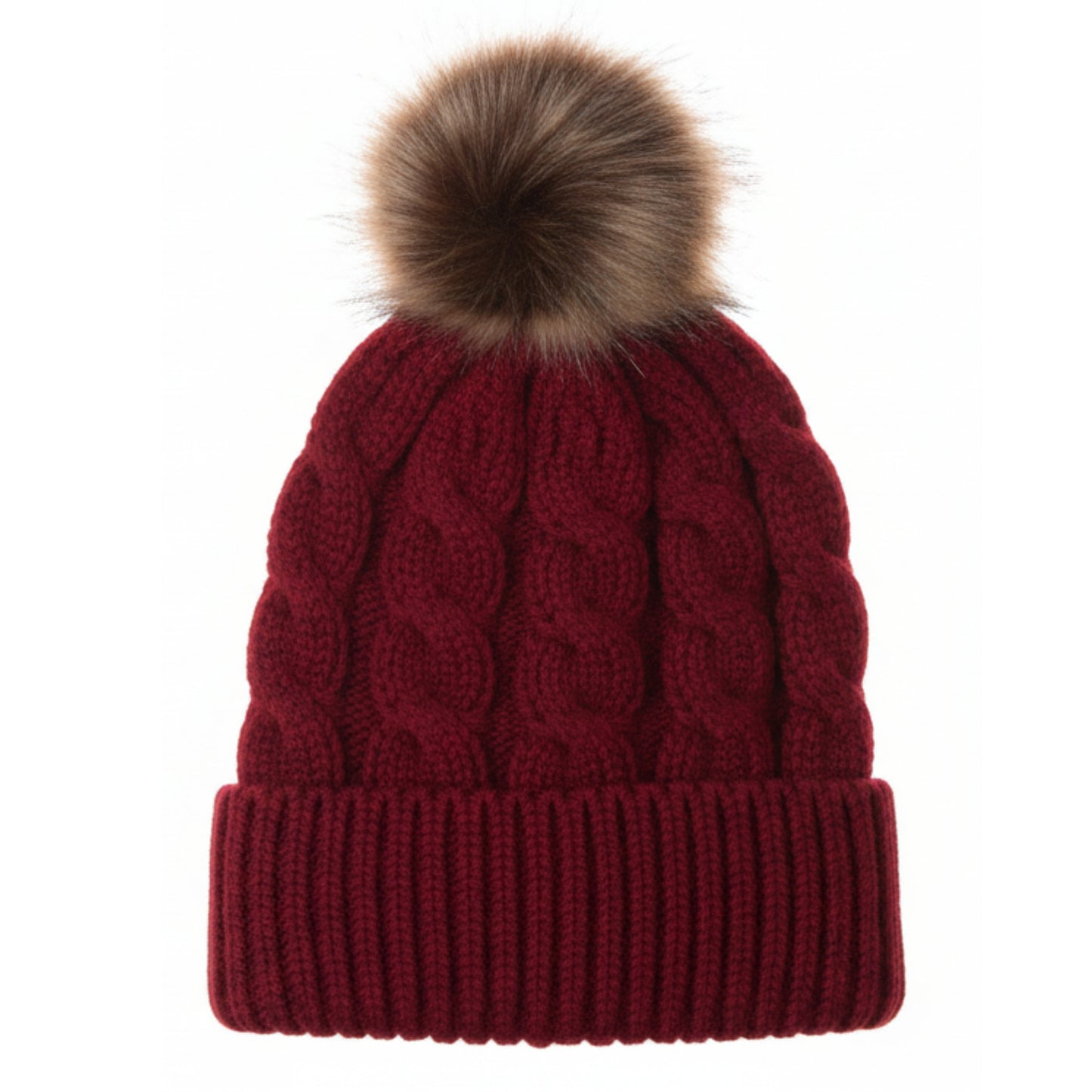 Adult Satin-Lined Cable Knit Fur Pom Hat - Red