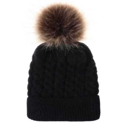 Baby Satin-Lined Cable Knit Fur Pom Hat - Black