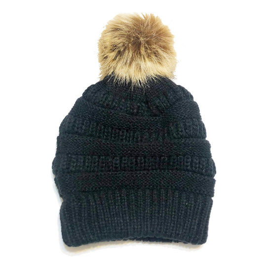 Adult Satin-Lined Pom Knit Hat - Black
