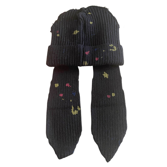 Kid's Splatter Paint Floppy Satin-Lined Pom Beanie - Black