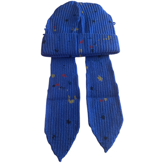 Kid's Splatter Paint Floppy Satin-Lined Pom Beanie - Blue