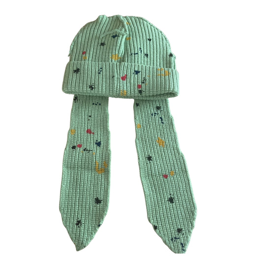 Kid's Splatter Paint Floppy Satin-Lined Pom Beanie - Lime