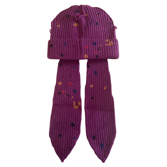 Kid's Splatter Paint Floppy Satin-Lined Pom Beanie - Burgundy