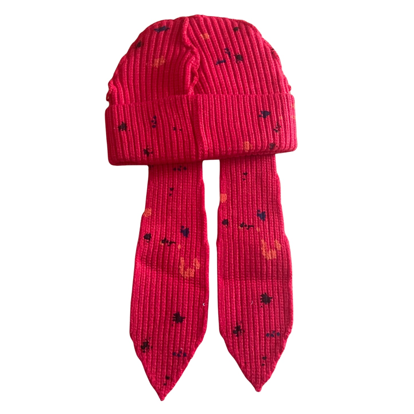 Kid's Splatter Paint Floppy Satin-Lined Pom Beanie - Red