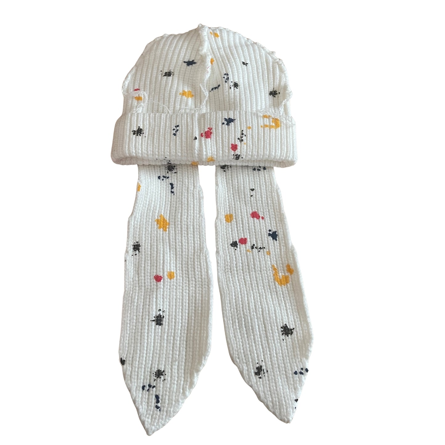 Kid's Splatter Paint Floppy Satin-Lined Pom Beanie - White