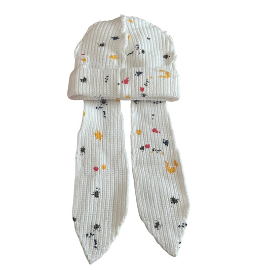 Kid's Splatter Paint Floppy Satin-Lined Pom Beanie - White