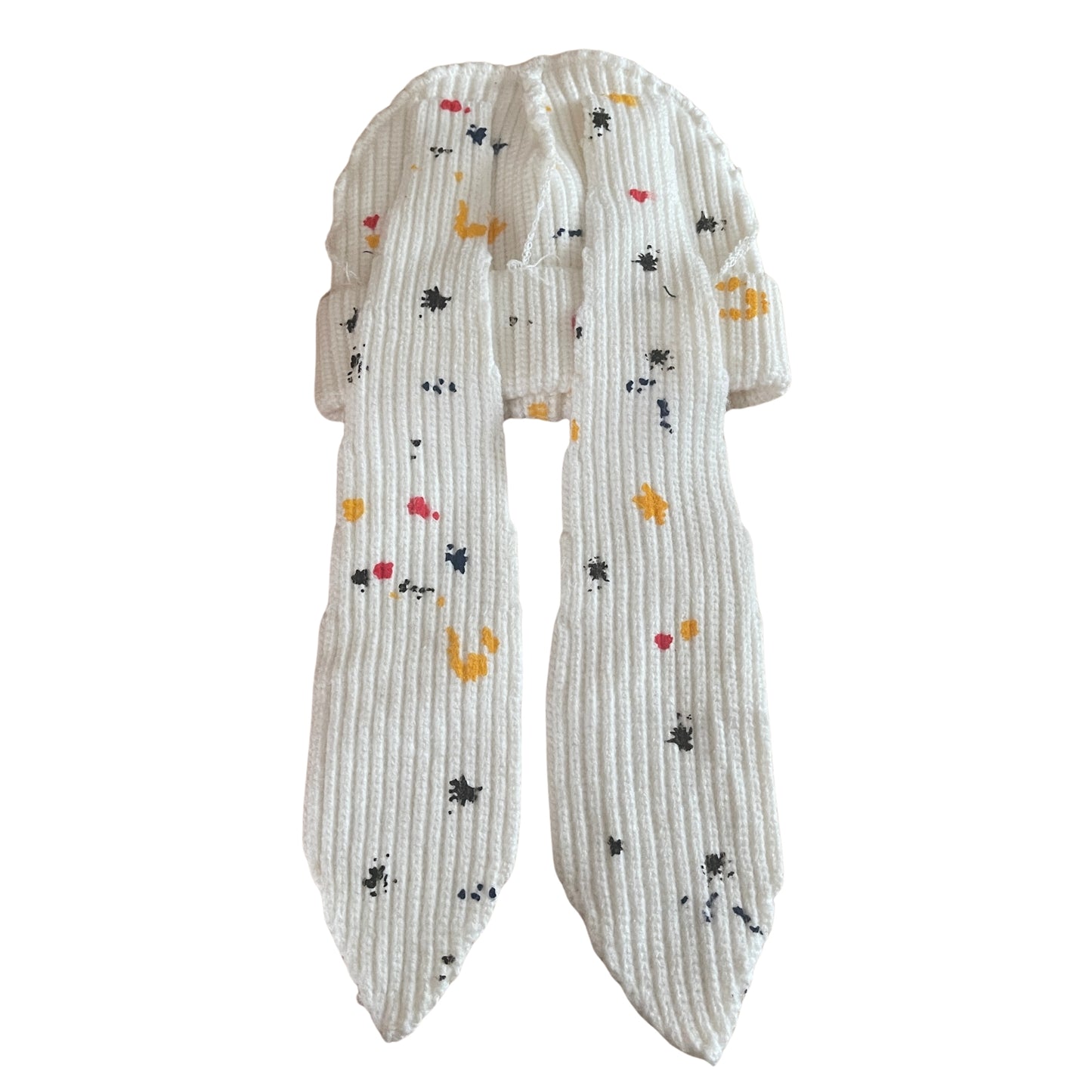 Kid's Splatter Paint Floppy Satin-Lined Pom Beanie - White