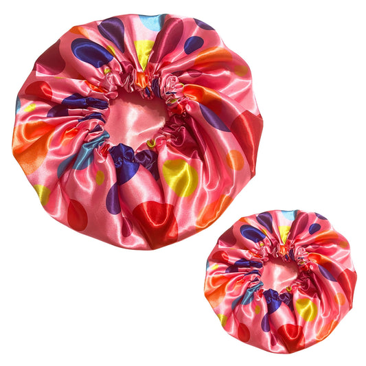 Mommy & Me Reversible Satin Bonnet - Pink and Rainbow Polka Dots